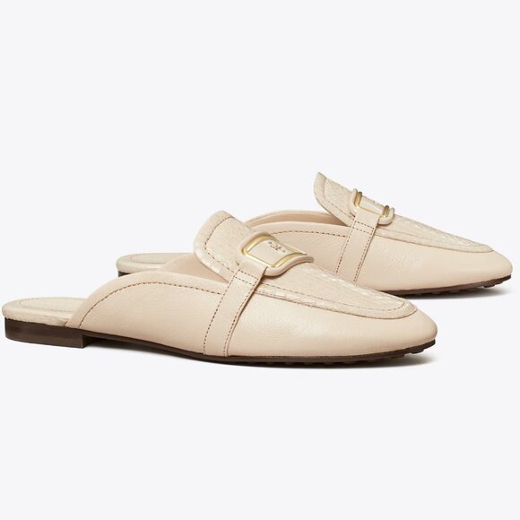 Tory Burch $348 Georgia Backless Loafer New Cream Snake Embossed Logo Buckle - Picture 1 of 11